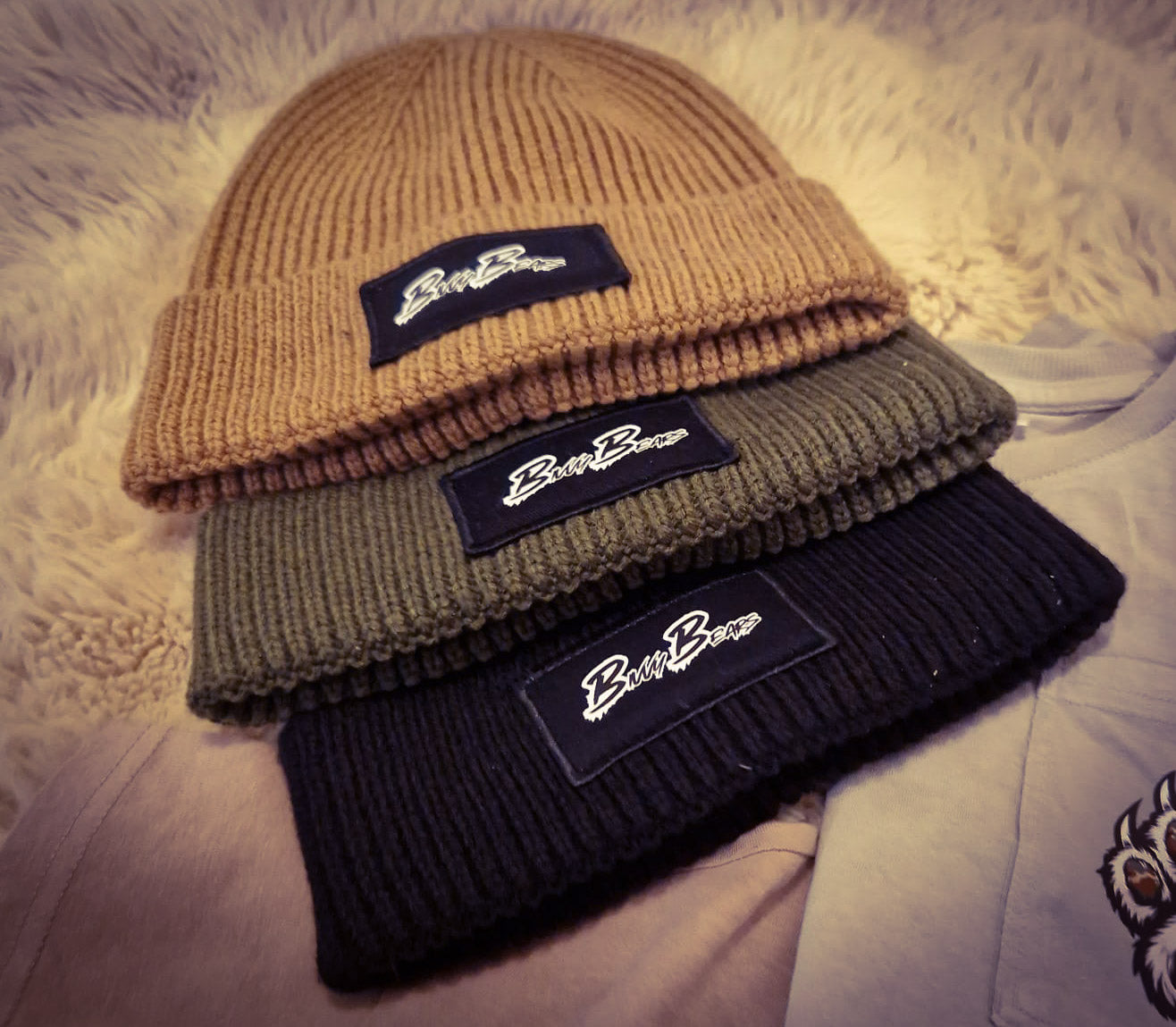 carp fishing beanie hat olive, green, beige, brown, black