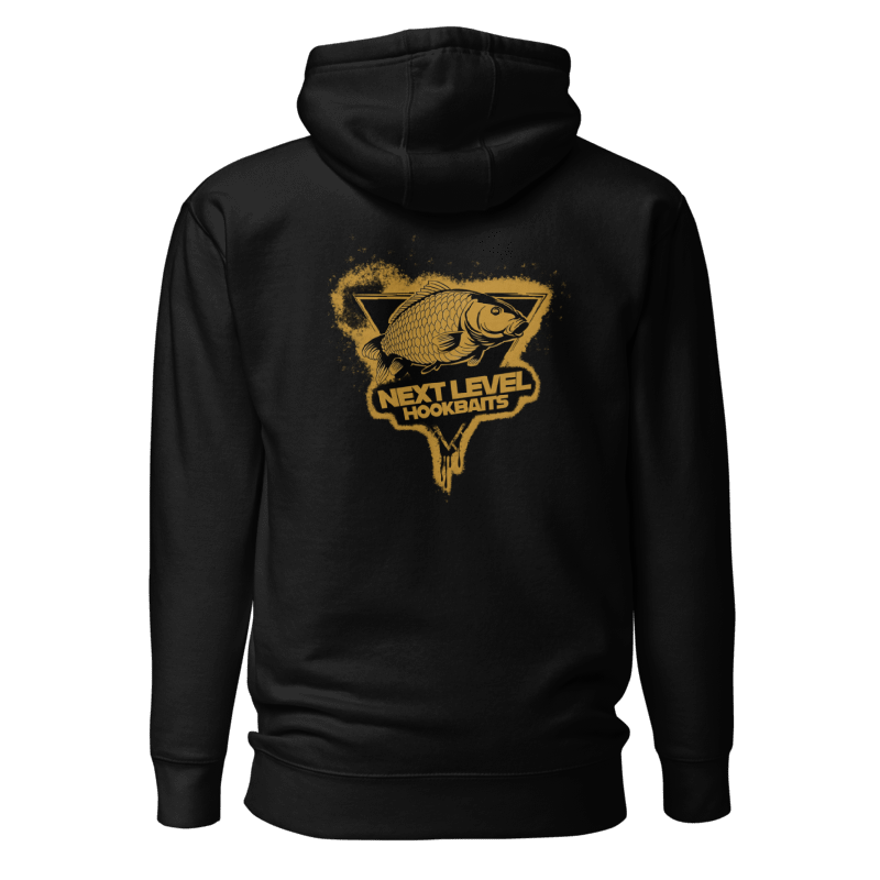 Black hoodie with gold logo and text on the back, on a white background